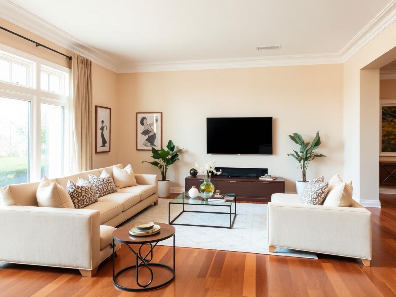 A renovated living room with smooth freshly painted walls